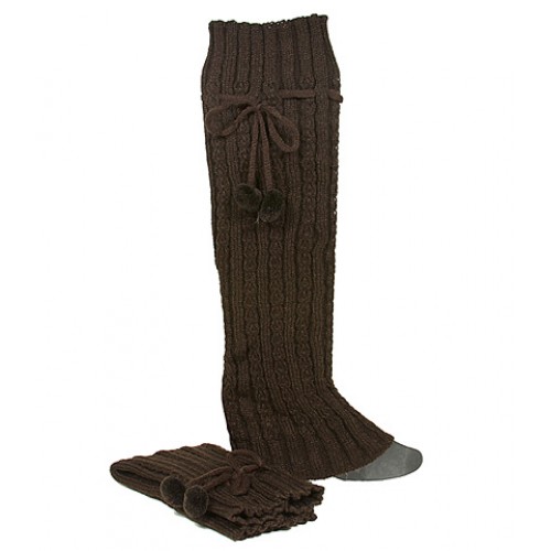 Socks/ Leg Warmers - Knitted Leg Warmers w/ Drawstring Pompom - Brown - SK-F1005BN